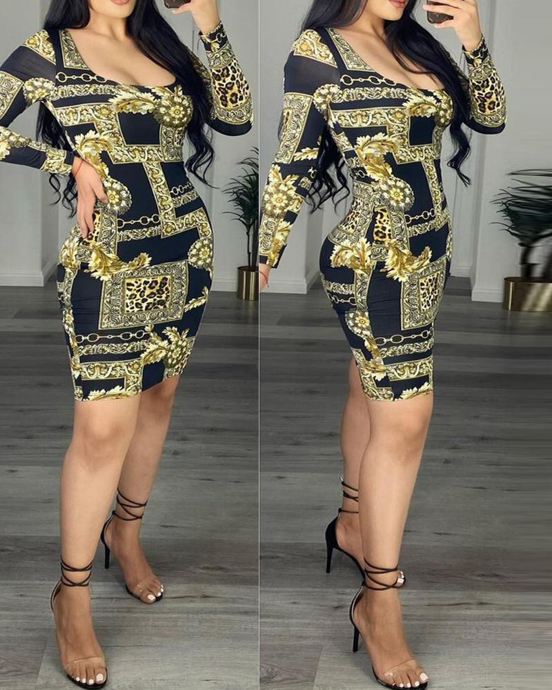 

Scarf Chain Print Long Sleeve Bodycon Dress, Black