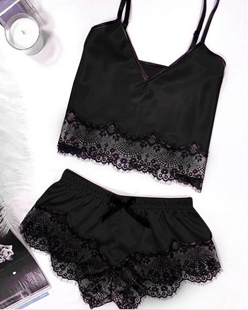 

Eyelash Lace Low Cut Cami Set, Black