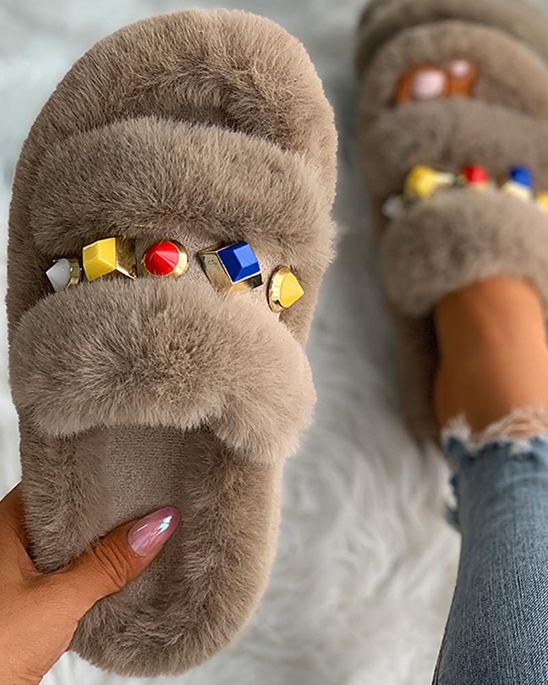 

Colorful Rhinestone Peep Toe Fluffy Slipper, Khaki