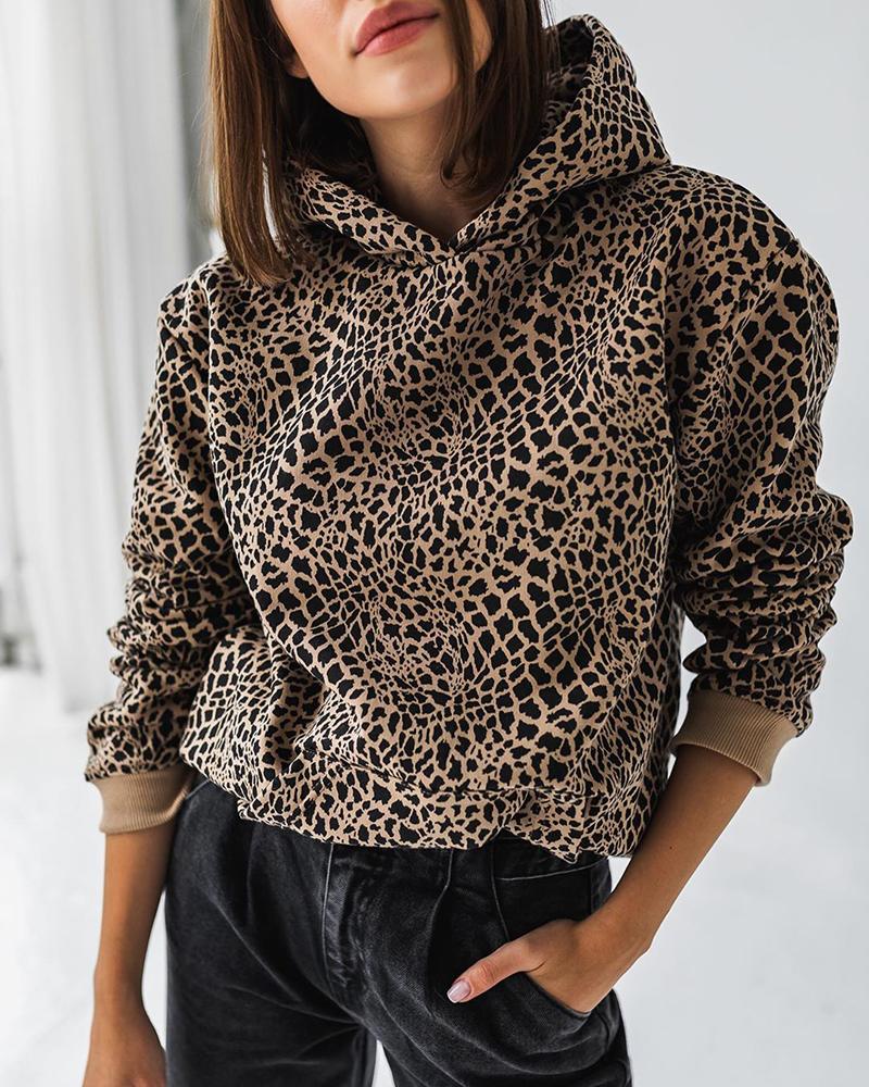 

Cheetah Print Long Sleeve Casual Hooded Top, Leopard
