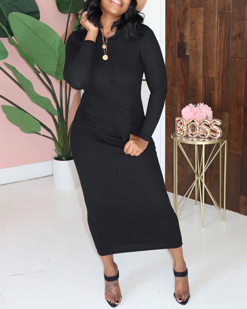 

Pocket Design Ribbed Hooded Maxi Dress, Black