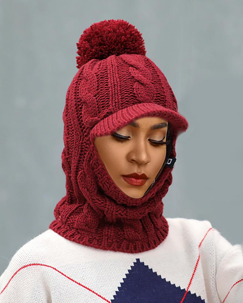 

Warm Neck Pom Pom Knit Hat Mask Beanie, Wine red