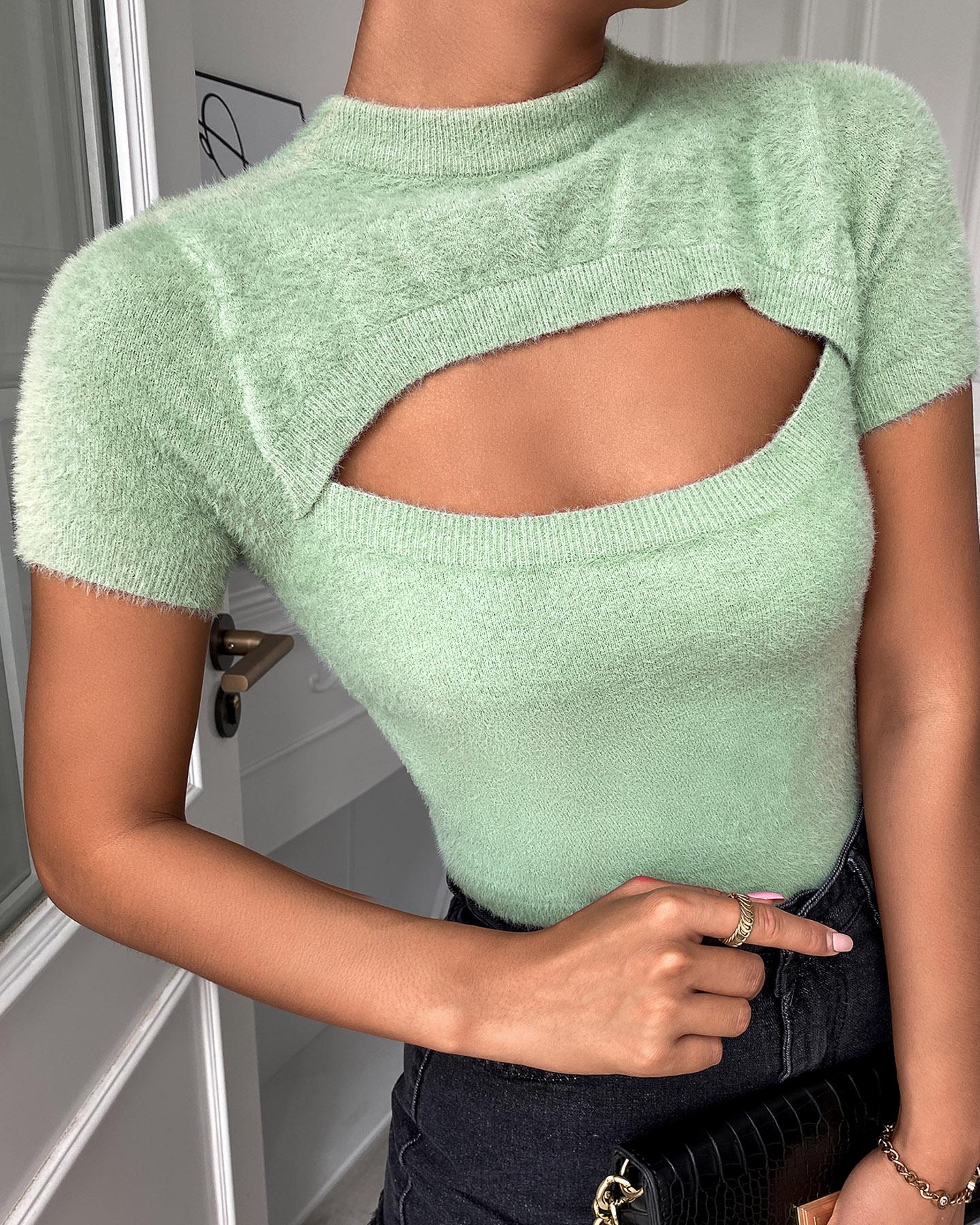 

Cutout Front Short Sleeve Knit Top, Green