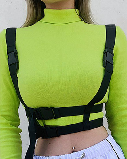 

Push Buckle Long Sleeve Crop Top, Green
