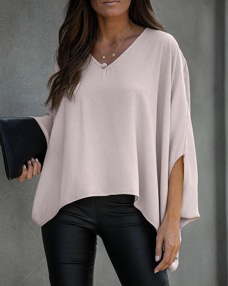 

Solid V-neck Batwing Sleeve Blouse, Pink