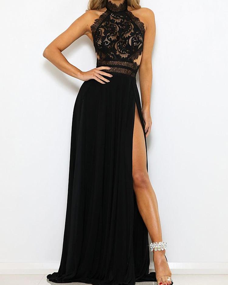 

Guipure Lace Halter Open Back Maxi Dress, Black