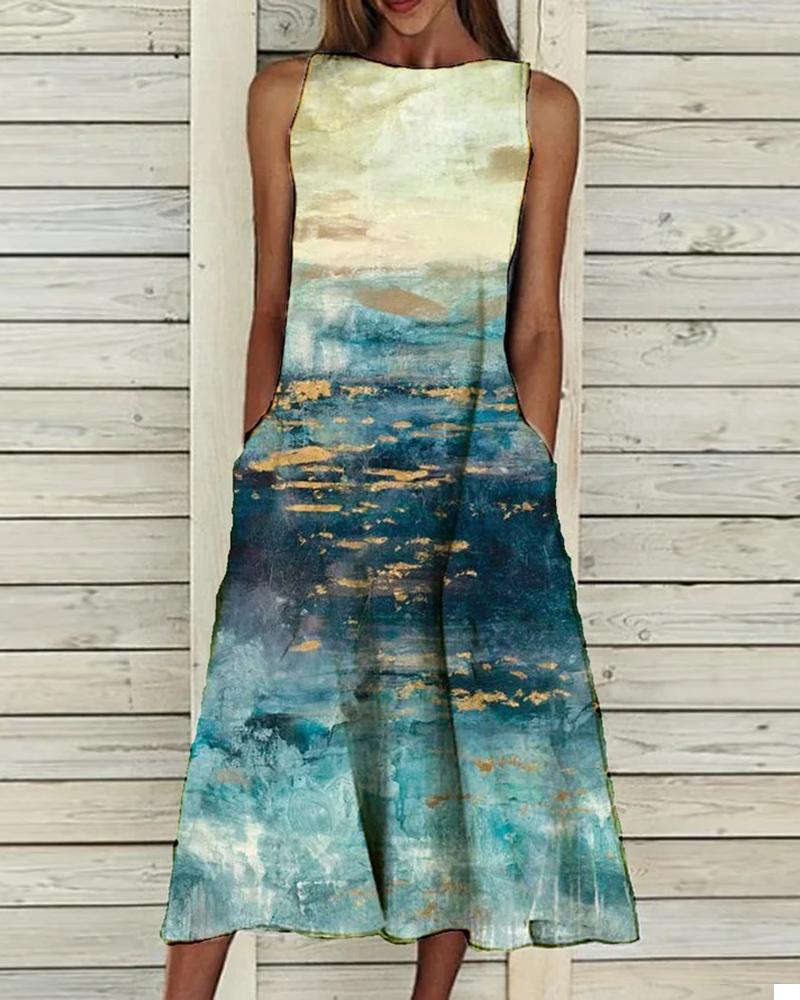 

Sleeveless Colorblock Pocket Design Casual Dress, Dark blue