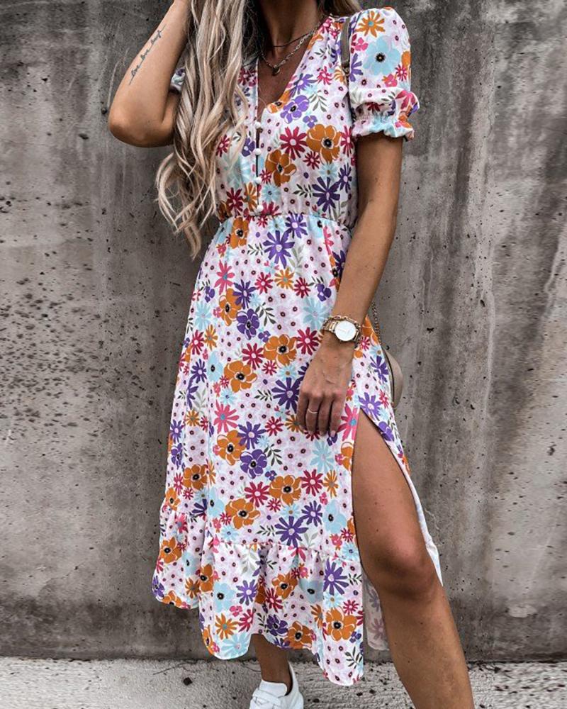 

High Slit Puff Sleeve Floral Print Dress, Multicolor