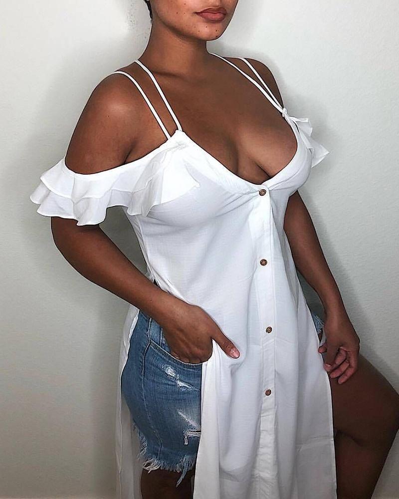 

Solid Color Cross Strap Ruffle Hem Short Sleeve Slit Long Shirt, White