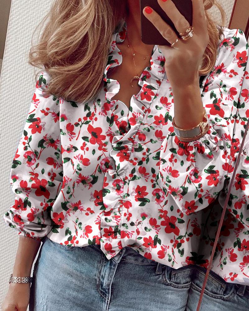 

Long Sleeve Floral Print Ruffles Casual Blouse, White