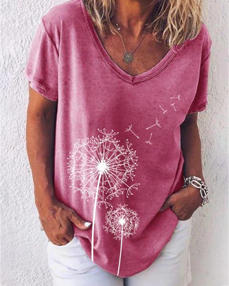 

Flower Print V-neck Short Sleeve Casual T-shirt, Hot pink