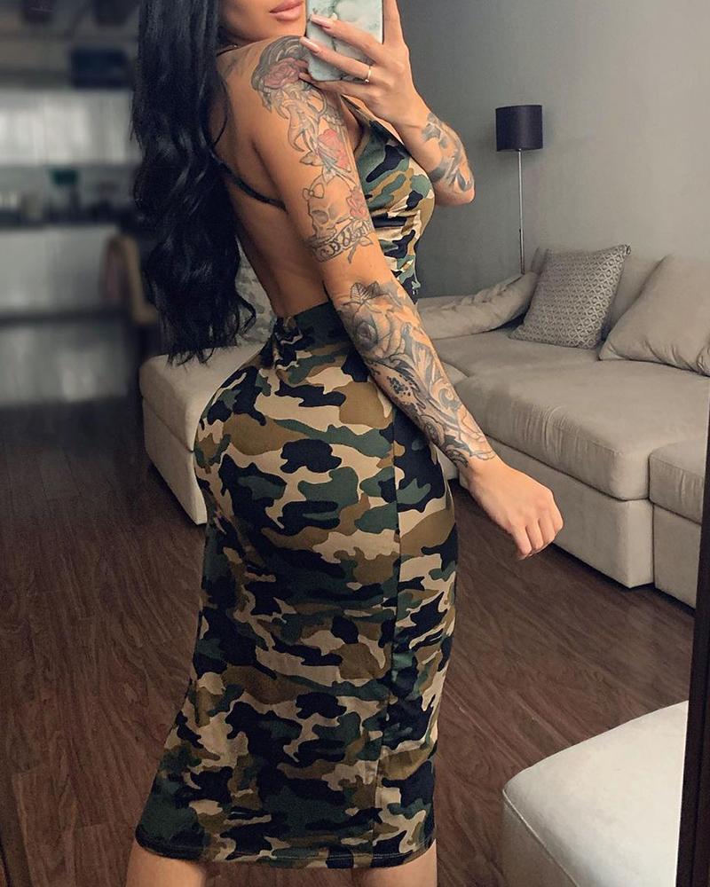 

Crisscross Backless Camouflage Print Dress, Green