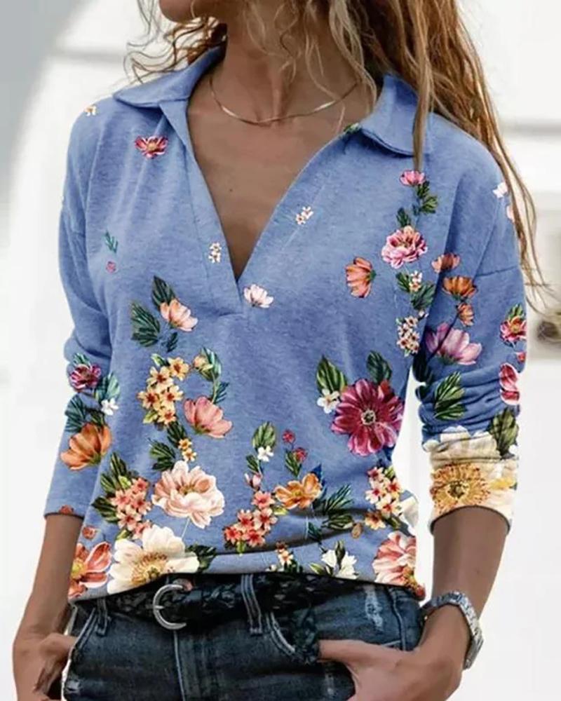 

Floral Print Long Sleeve Top, Blue