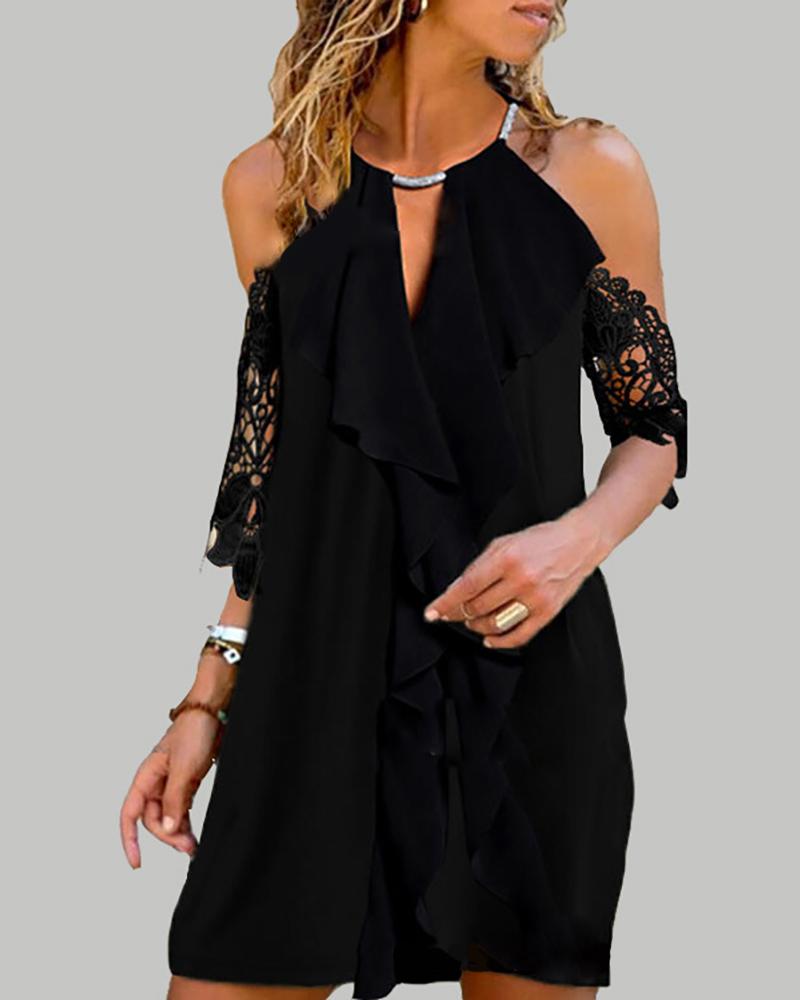 

Cold Shoulder Ruffles Lace Patch Casual Dress, Black