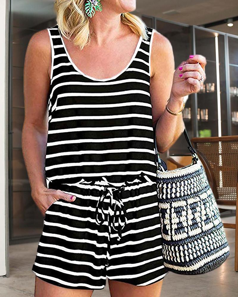

Striped Thin Strap Drawstring Romper, Black