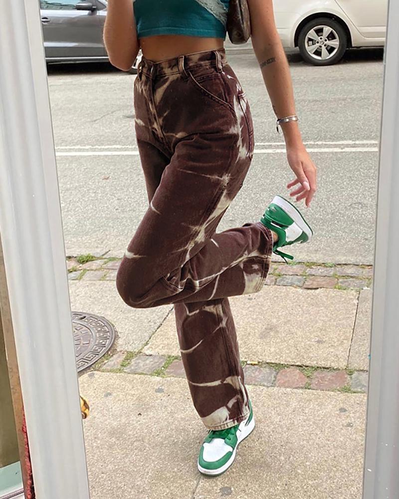

Tie Dye Print Buttoned High Waist Denim Pants, Brown