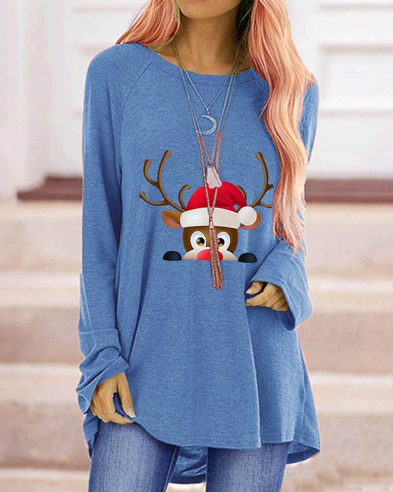 

Christmas Reindeer Print Long Sleeve Top, Blue