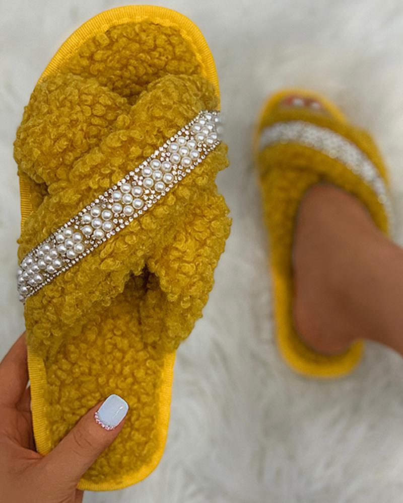 

Beaded Studded Bandage Fluffy Slippers, Yellow
