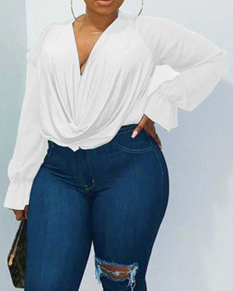 

Solid Long Sleeve Loose Chiffon Blouse, White