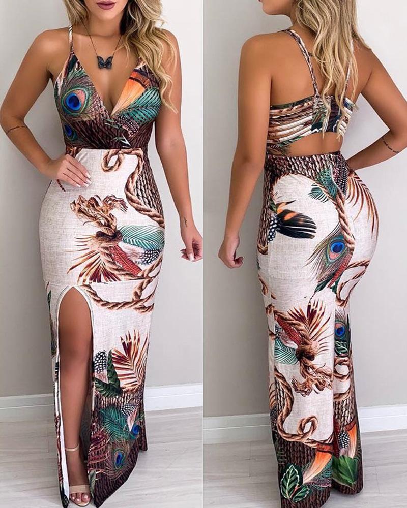 Peacock Feather Print Thigh Slit Slip Dress