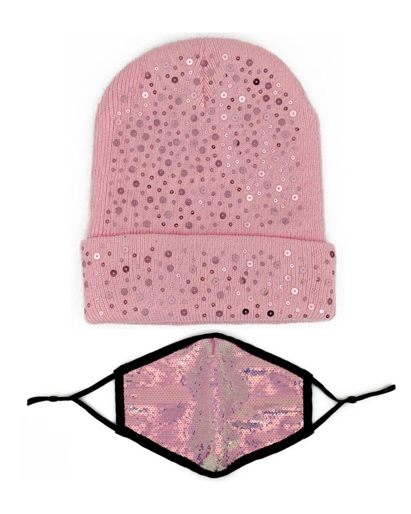 

Sequins Cuffed Beanie With Face Mask, Pink