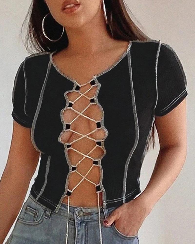

Colorblock Lace Up Short Sleeve T-shirt, Black