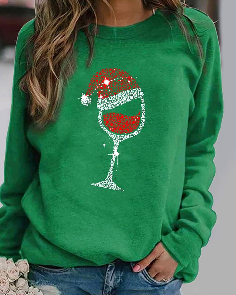 

Christmas Print Sequins Long Sleeve Sweatshirt, Green
