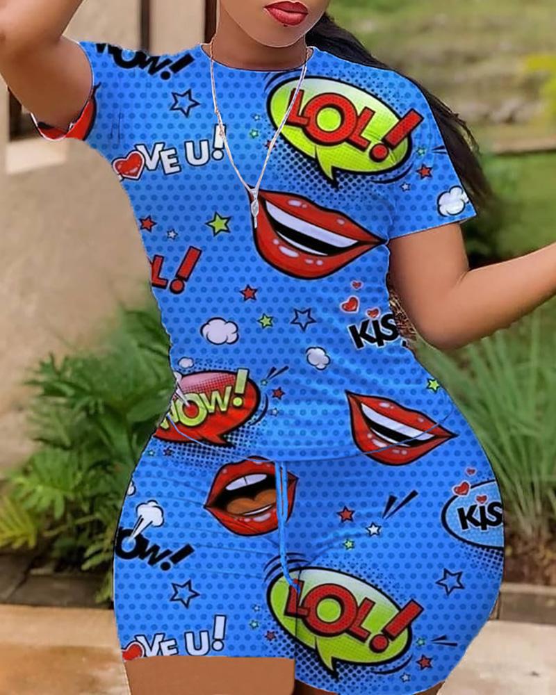 

Lip Letter Graphic Print Top & Drawstring Shorts Set, Blue