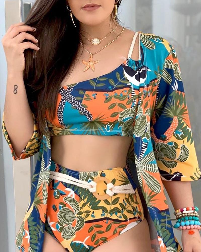 

Plant Print High Waist Swimsuit With Cover Ups, Blue