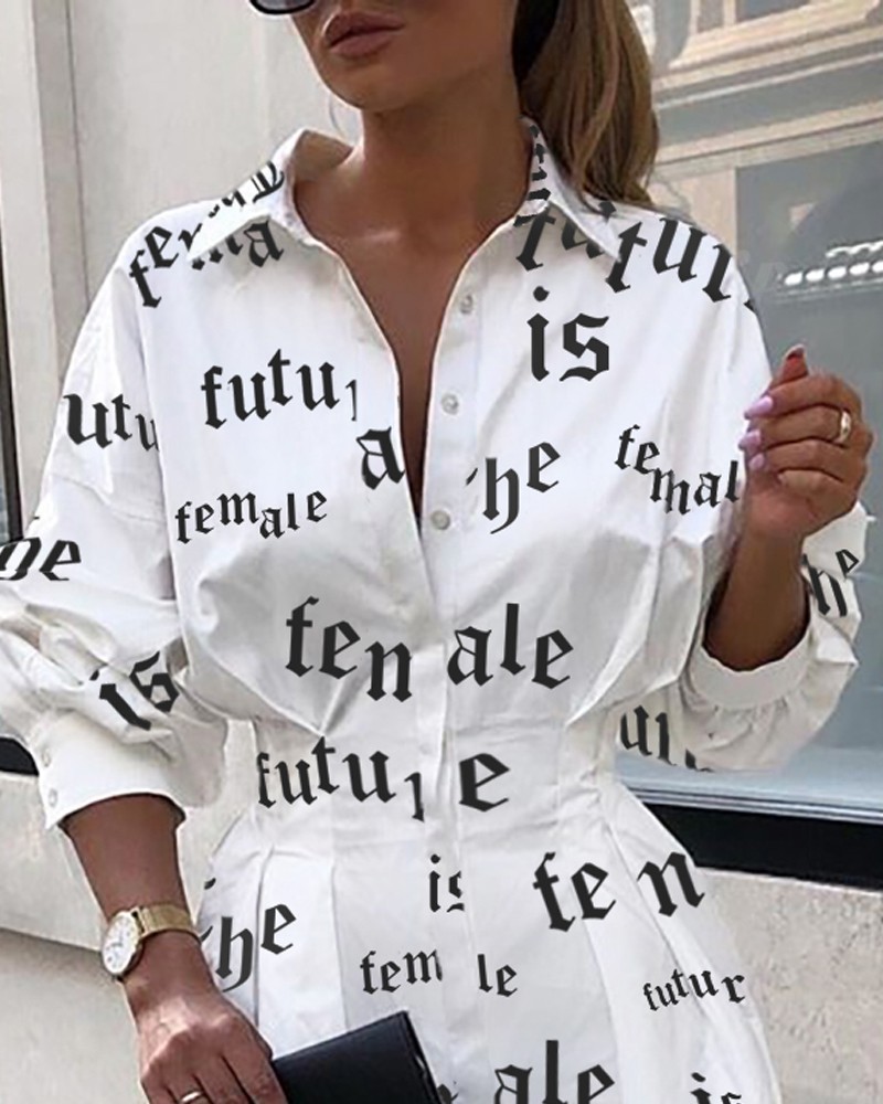 letter print tight waist shirt dress