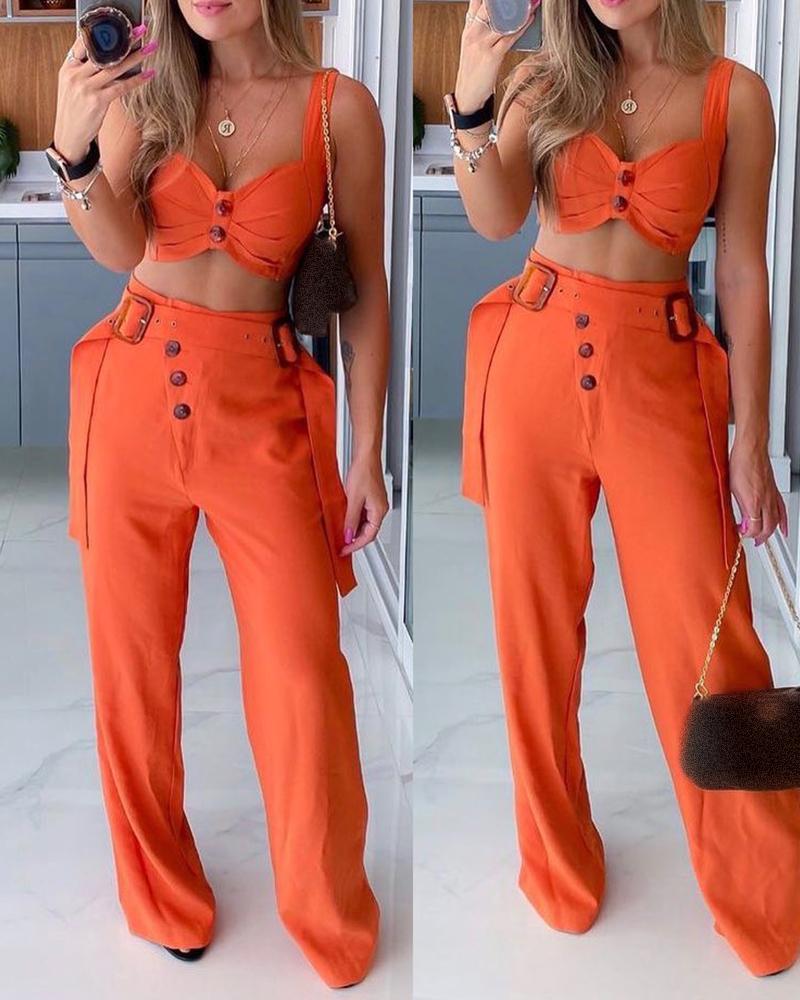 

Thick Strap Button Design Top & Pants Set, Orange