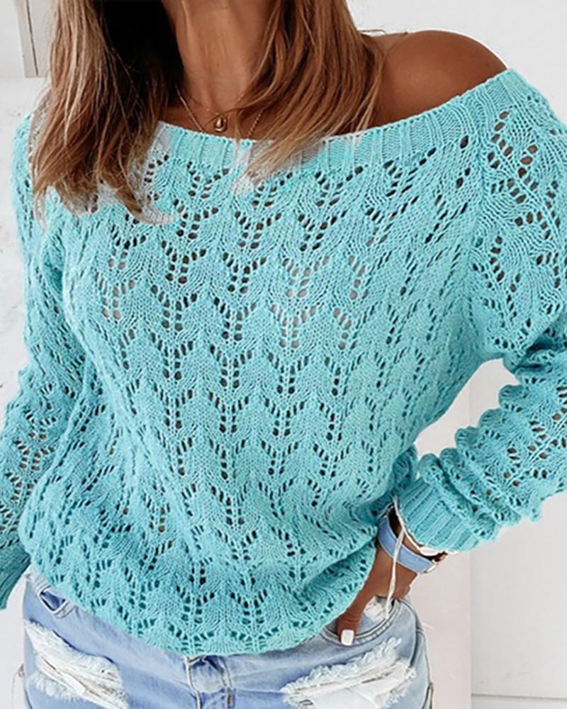 

Plain Hollow-out Long Sleeve Knit Sweater, Blue