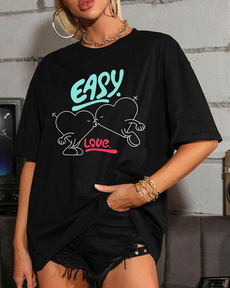 

Heart Cartoon Print Short Sleeve T-shirts, Black