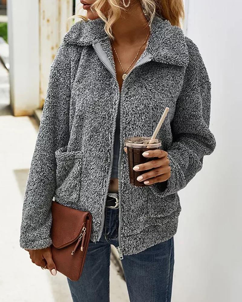 

Pocket Zipper Design Long Sleeve Teddy Coat, Gray