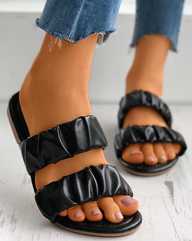 

Open Toe Ruched Detail Flat Slider Sandals, Black