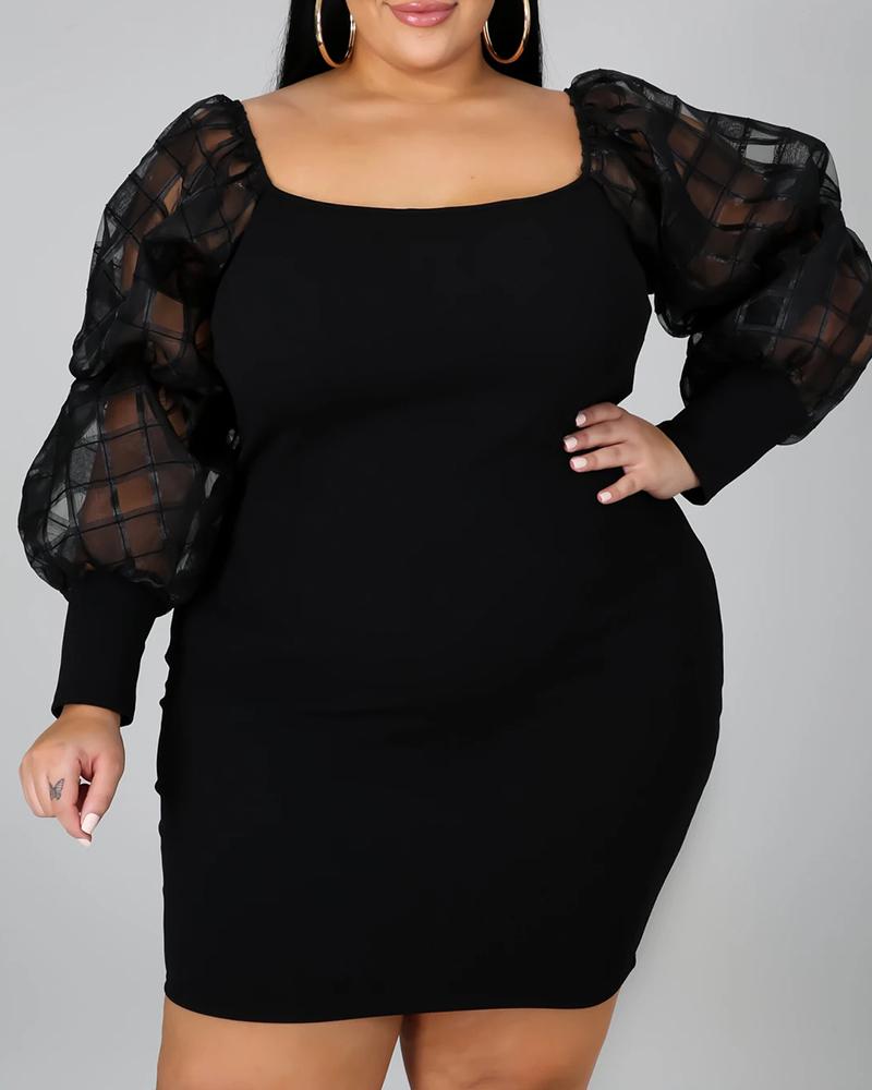 

Plus Size Sheer Mesh Lantern Sleeve Bodycon Dress, Black