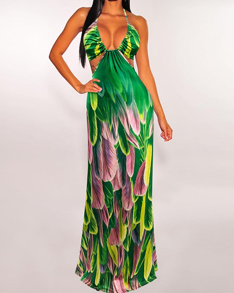 

Multicolor Feather Cut-out Halter Sleeveless Maxi Dress, Green