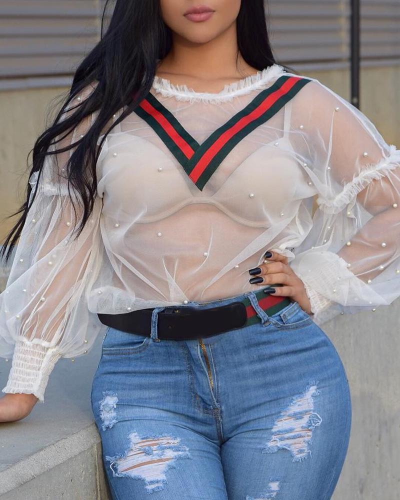 

Sheer Mesh Long Sleeve Bead Tops, White