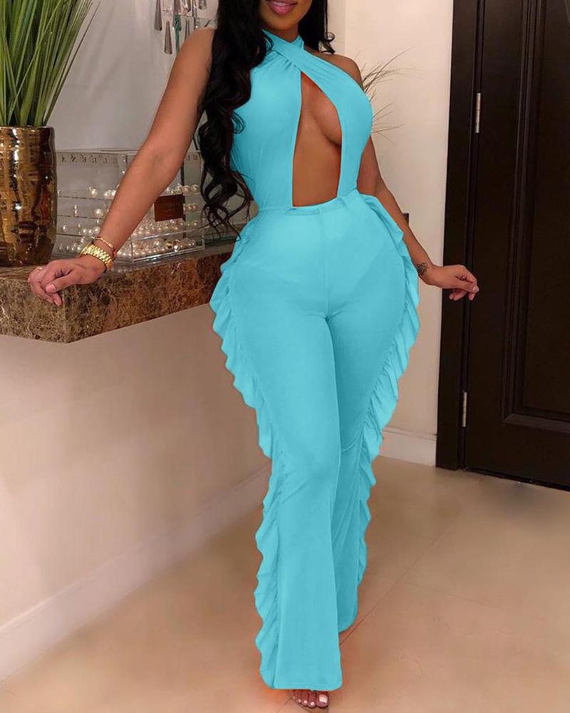 

Ruffles Trim Sheer Mesh Backless Cutout Jumpsuit, Lighted blue