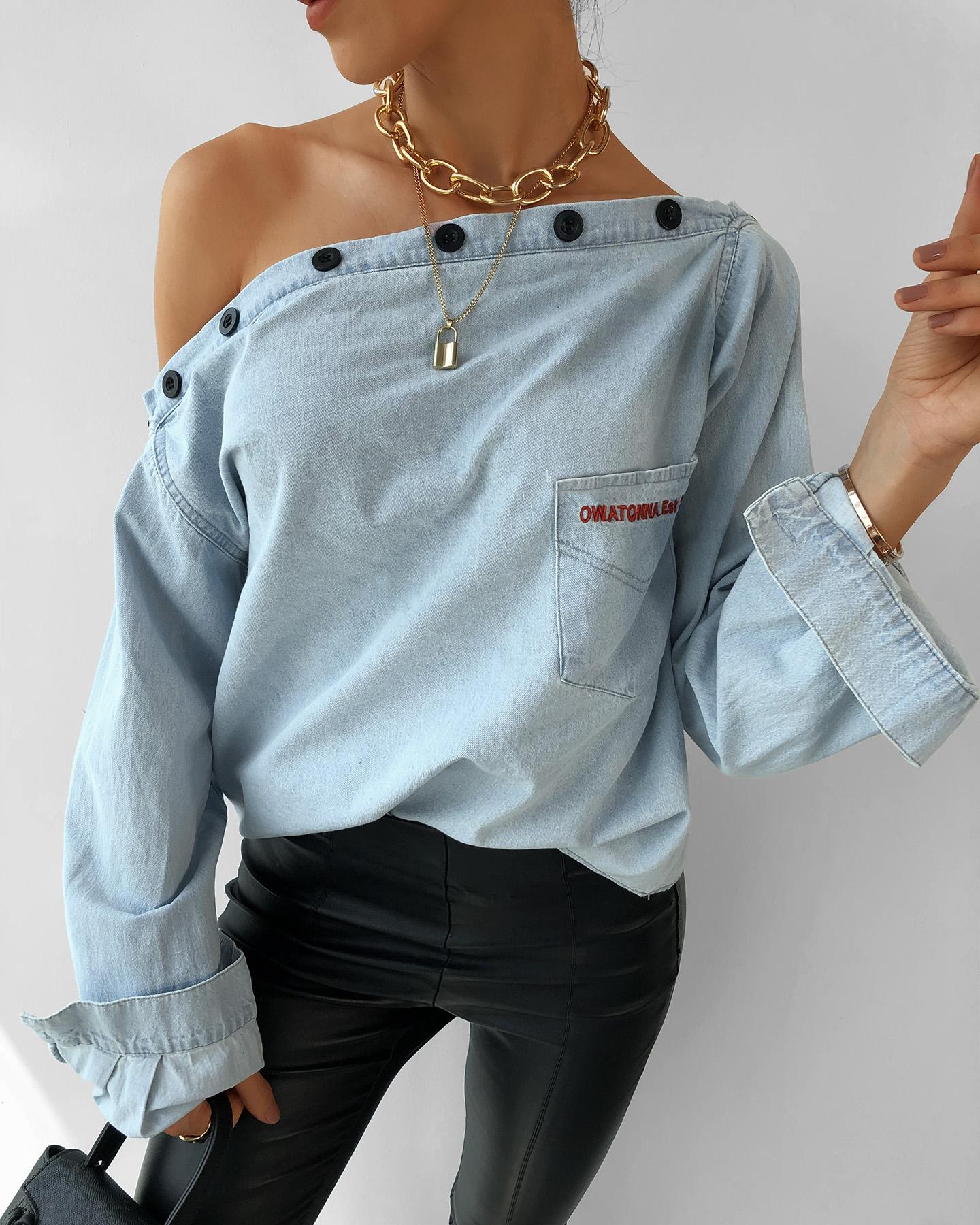 

One Shoulder Buttoned Casual Denim Shirt, Light blue