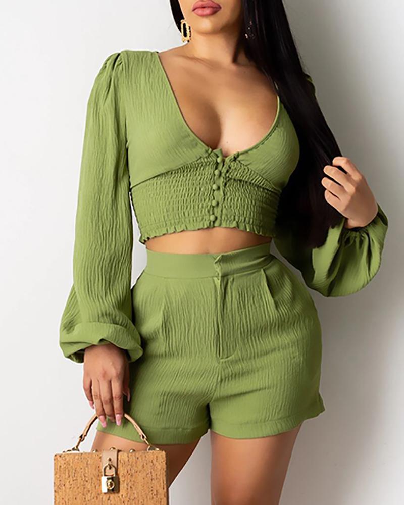 

Lantern Sleeve Shirring Design Top & Shorts Sets, Green