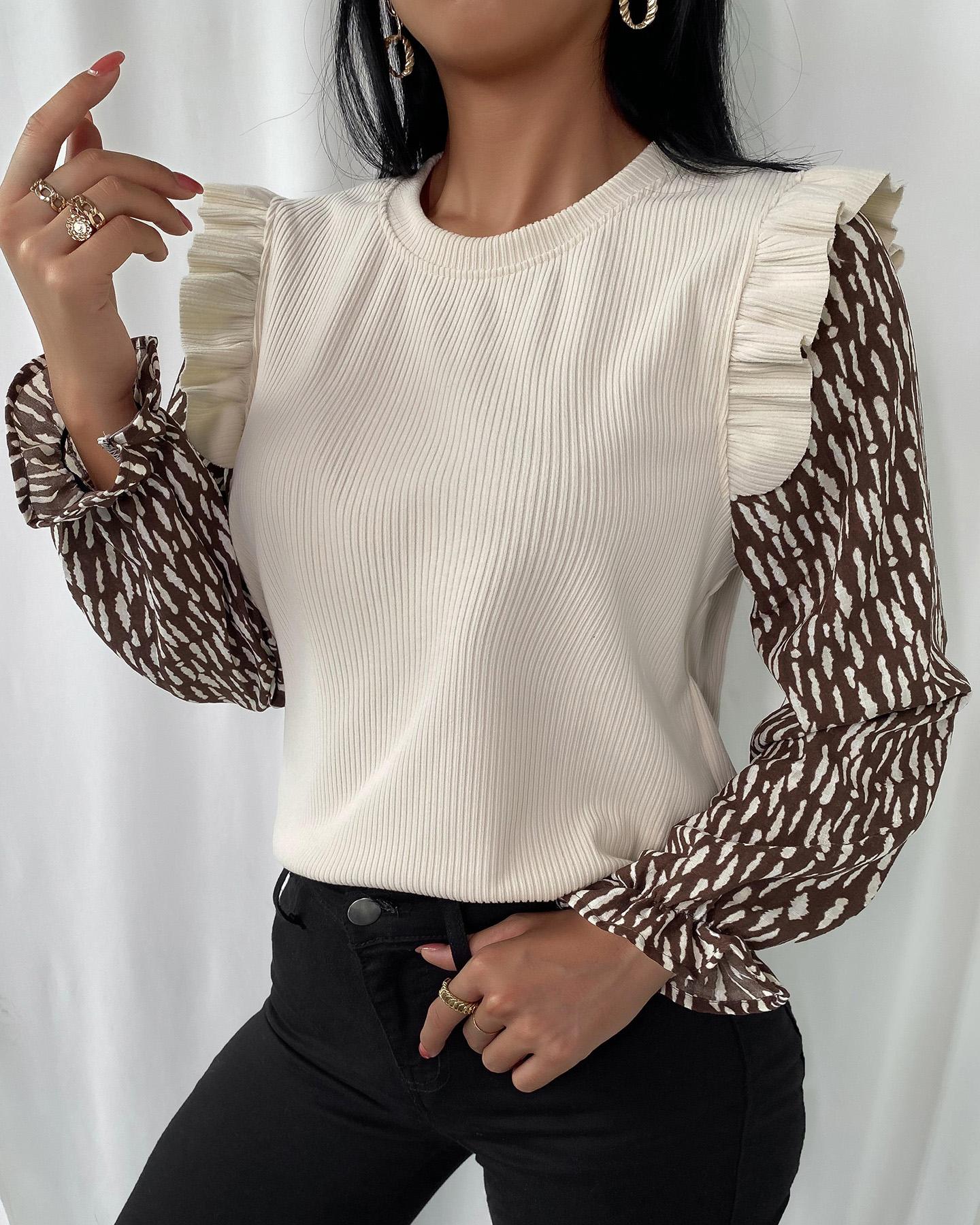 

Colorblock Ruffles Long Sleeve Top, Beige