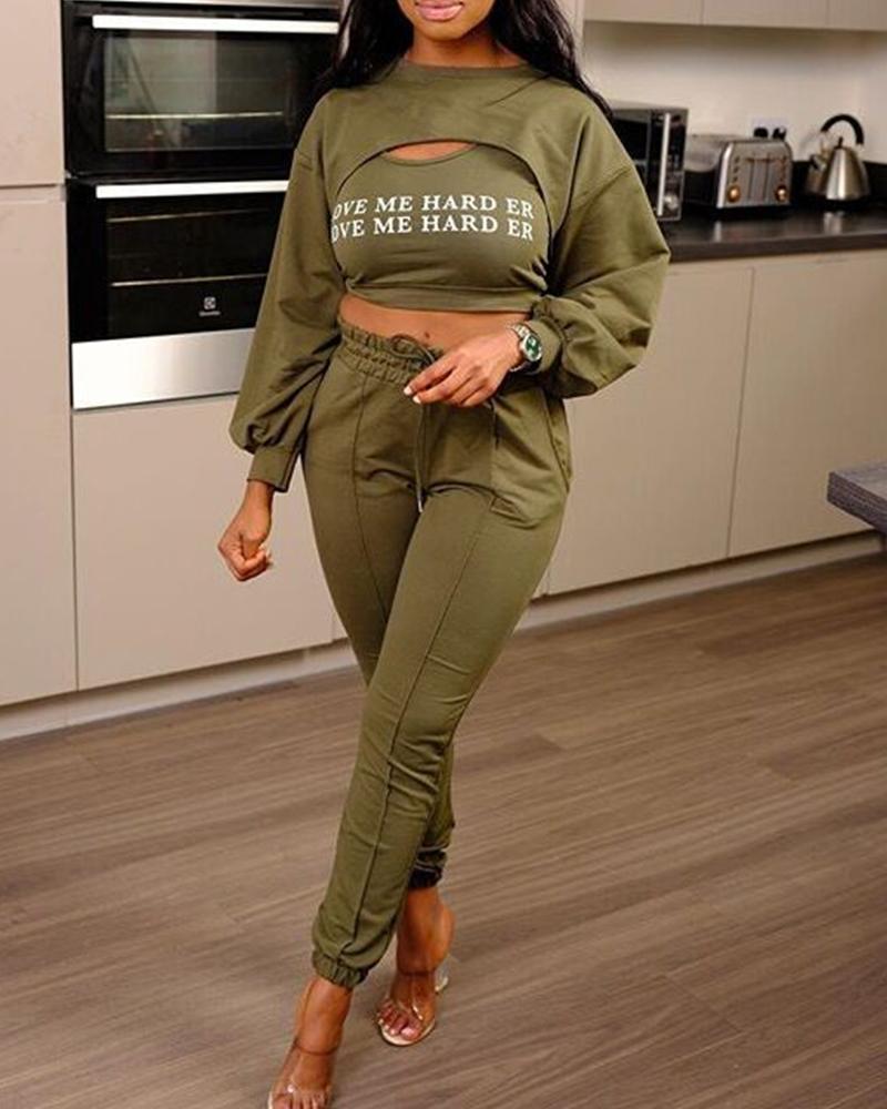 

Letter Print Long Sleeve T-shirts With Cropped Tanks And Jogger Pants Suit Sets, Green