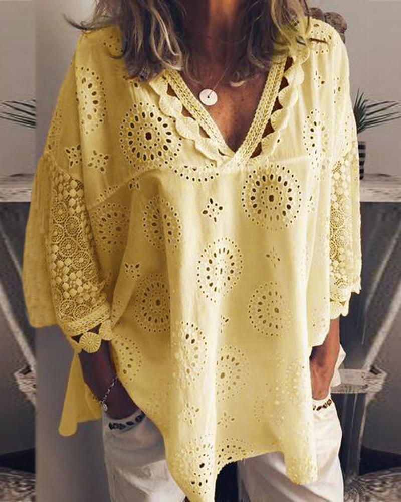 

V Neck Broderie Anglaise Lace Blouse, Yellow