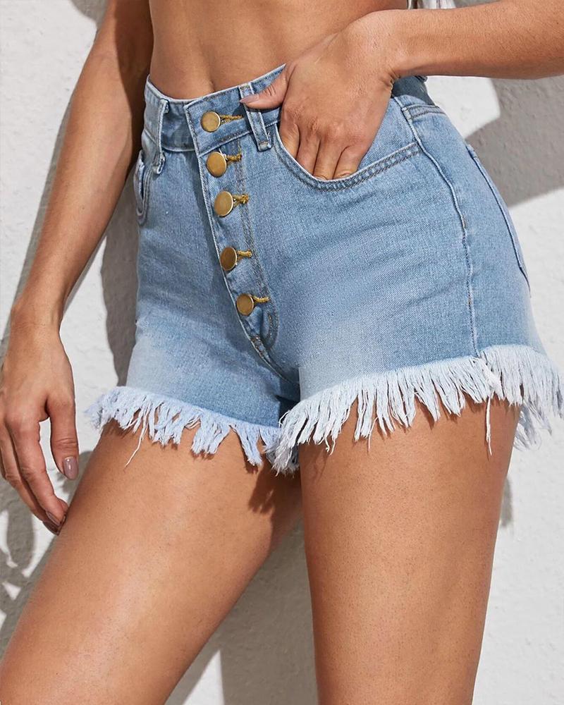 

Button Front Denim Jean Shorts, Blue