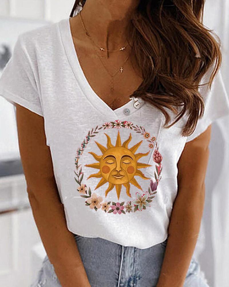 

Sun And Wreath Print Short Sleeve T-shirt, White