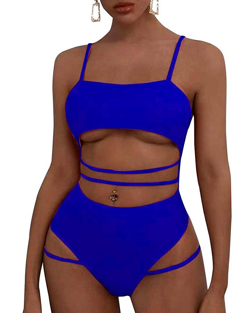 

Push up Strappy High Waisted Cutout One Piece Swimsuit, Dark blue