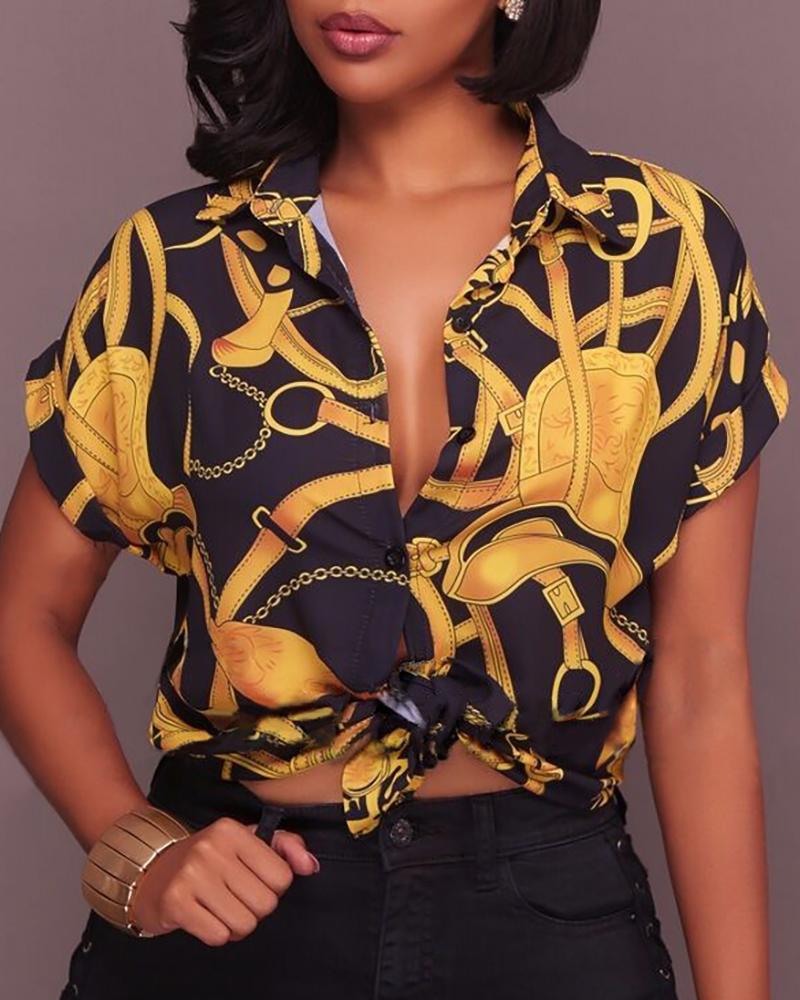 

Short Sleeve Knotted Chain Print Blouse, Black