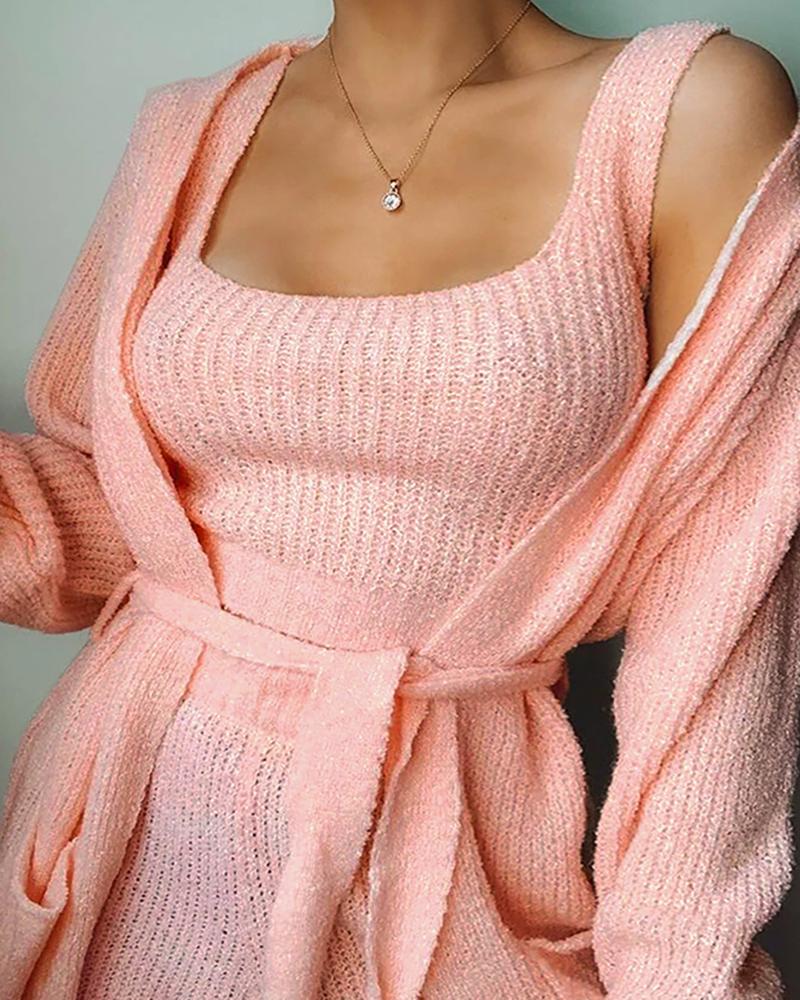 

Solid Knit Top & High Waist Shorts & Pocket Design Cardigan Set, Pink