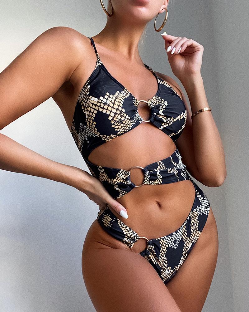 

Halter O Neck Snakeskin Print One Piece Swimwear, Black